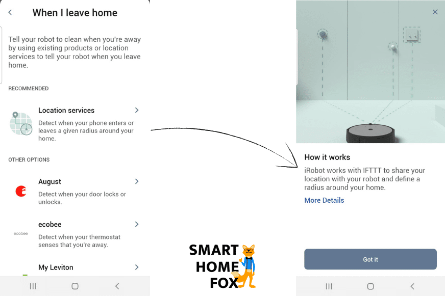 In der iRobot Home App wird eingestellt, dass der Roomba j7 mit der Reinigung beginnen soll, sobald die Wohnung verlassen wird.